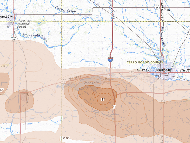 Radar-estimated hail-size map of the storm over Clear Lake, IA on May 15, 2026