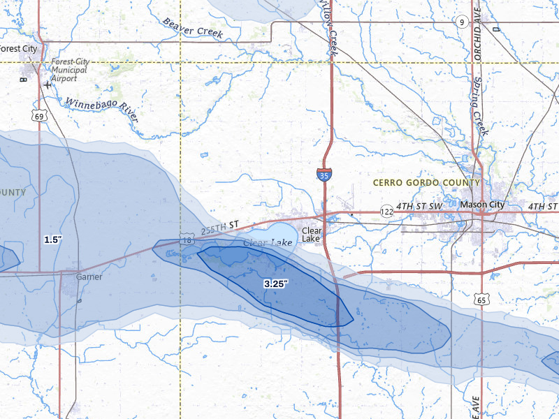 NEXRAD radar-signature map of the hail storm over Clear Lake, IA on May 15, 2026