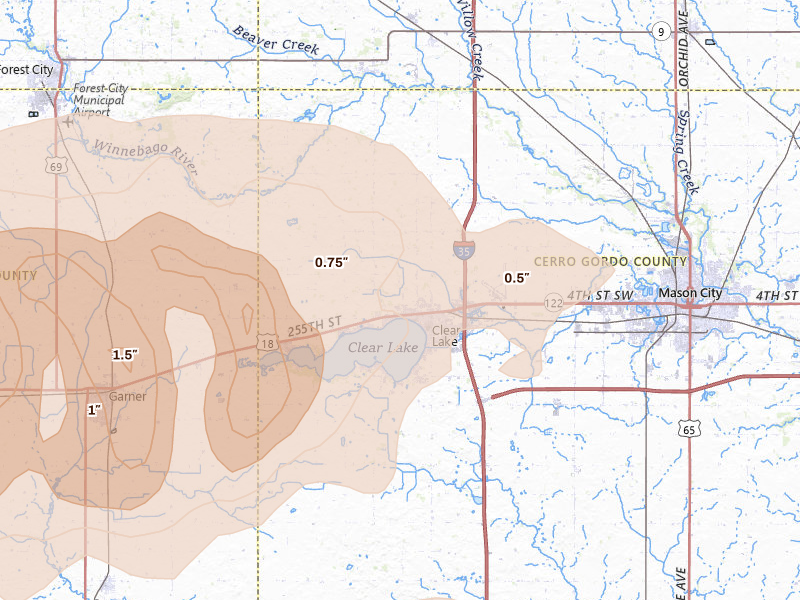Radar-estimated hail-size map of the storm over Clear Lake, IA on Jun 28, 2026
