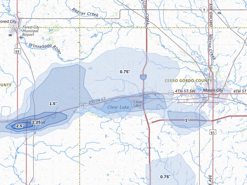 NEXRAD radar-signature map of the hail storm over Clear Lake, IA on Jun 28, 2026