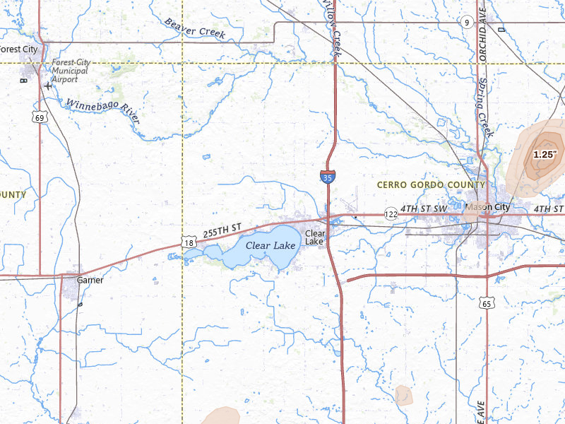 Radar-estimated hail-size map of the storm over Clear Lake, IA on Jul 1, 2026