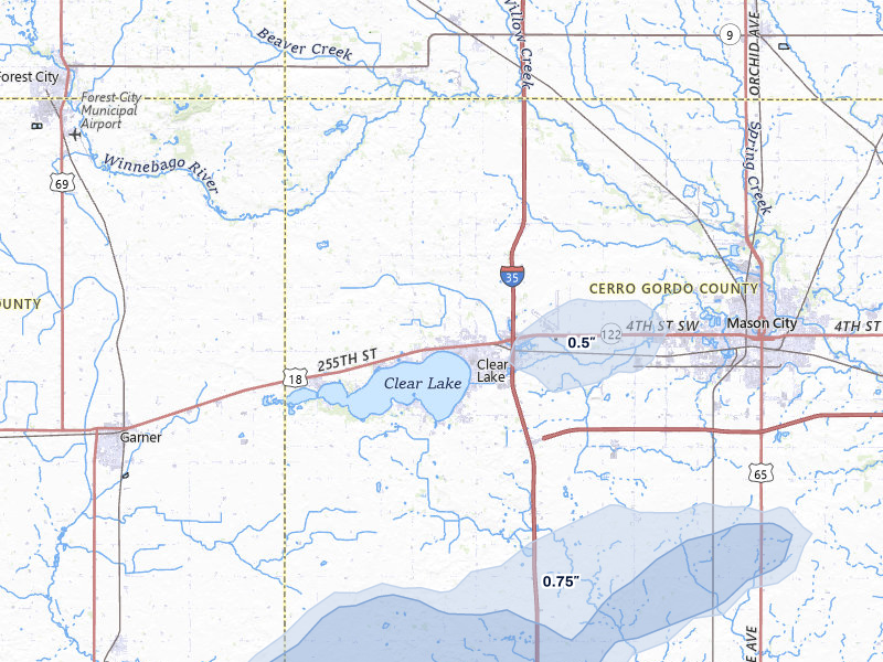 NEXRAD radar-signature map of the hail storm over Clear Lake, IA on Jul 1, 2026