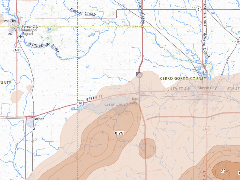 Radar-estimated hail-size map of the storm over Clear Lake, IA on Jul 2, 2026