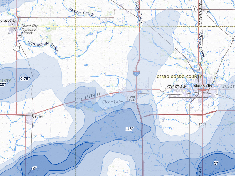 NEXRAD radar-signature map of the hail over Clear Lake, IA