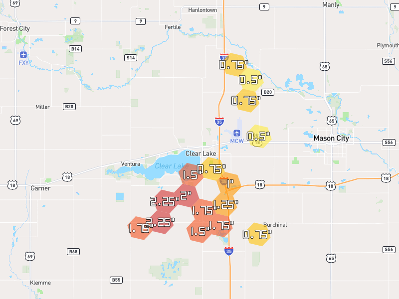 Hail map of Clear Lake, IA on Jul 2, 2026, hail up to 2.25"