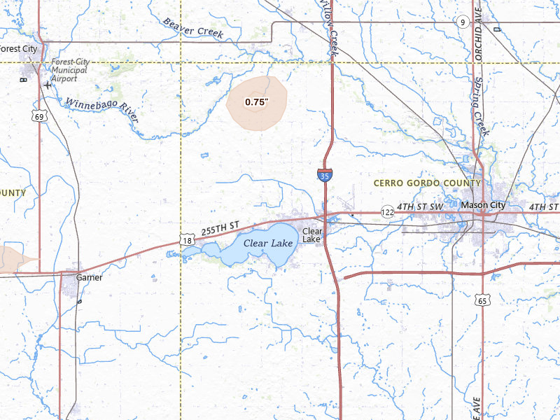 Radar-estimated hail-size map of the storm over Clear Lake, IA on Jul 4, 2026