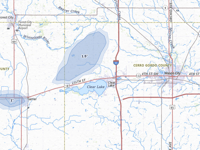 NEXRAD radar-signature map of the hail over Clear Lake, IA