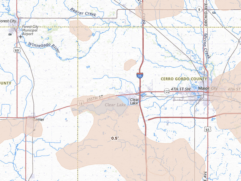 Radar-estimated hail-size map of the storm over Clear Lake, IA on Jul 8, 2026