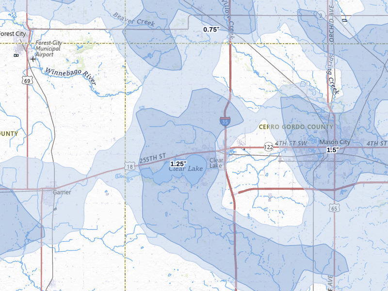 NEXRAD radar-signature map of the hail storm over Clear Lake, IA on Jul 8, 2026