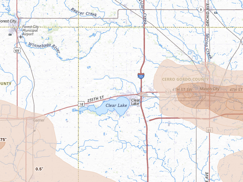 Radar-estimated hail-size map of the storm over Clear Lake, IA on Jul 20, 2026