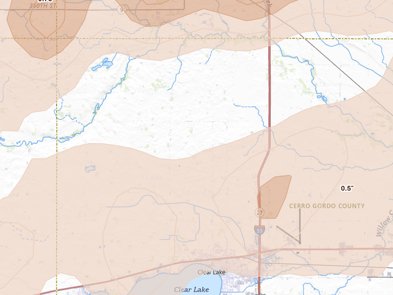 Radar-estimated hail-size map of the storm over Clear Lake, IA on Aug 7, 2026