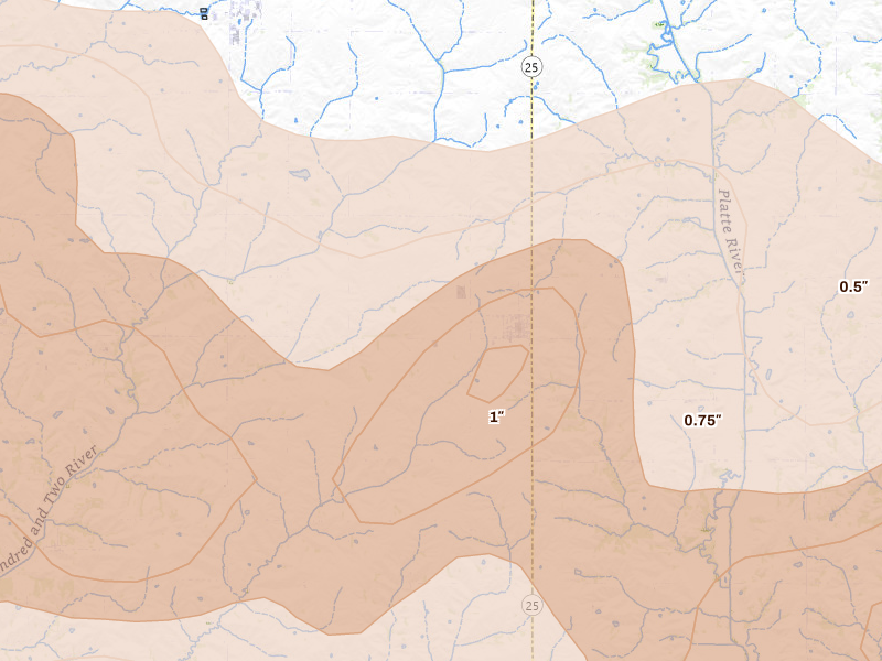 Radar-estimated hail-size map of the storm over Clearfield, IA on May 16, 2026