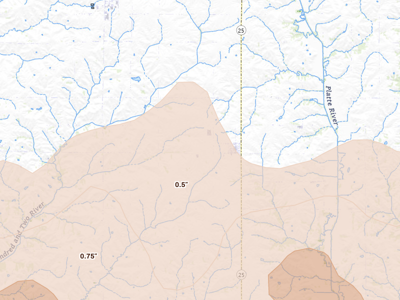 Radar-estimated hail-size map of the storm over Clearfield, IA on May 18, 2026