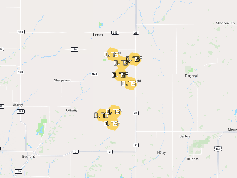 Hail map of Clearfield, IA on Jun 1, 2026, hail up to 0.75"