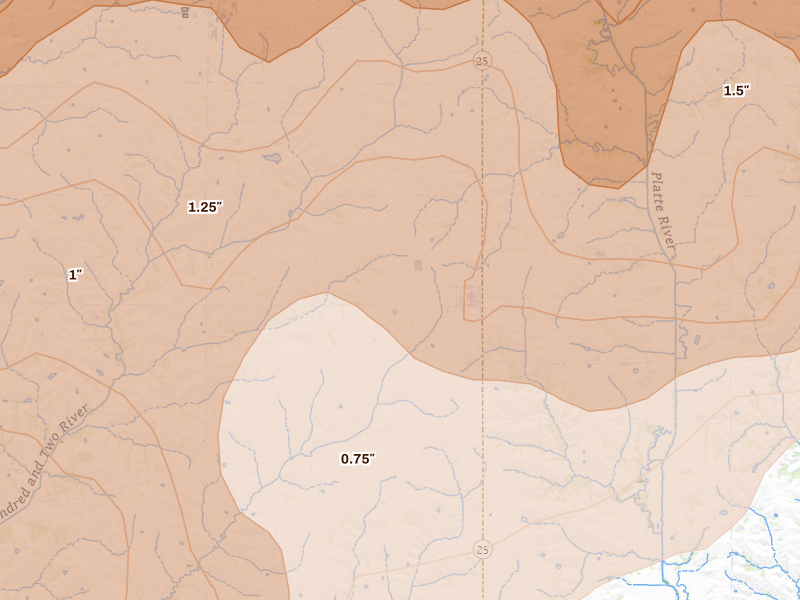 Radar-estimated hail-size map of the storm over Clearfield, IA on Jun 10, 2026
