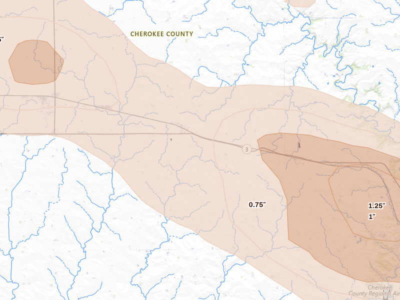 Radar-estimated hail-size map of the storm over Cleghorn, IA on May 15, 2026
