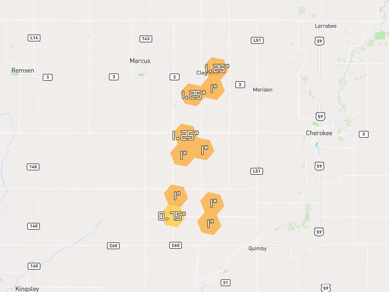 Hail map of Cleghorn, IA on Jul 3, 2026, hail up to 1.25"