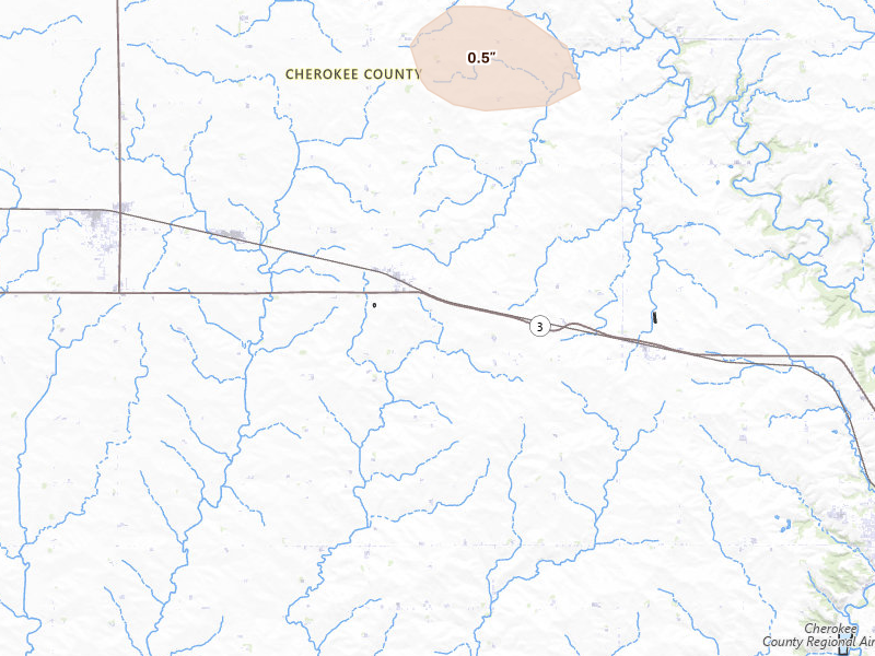 Radar-estimated hail-size map of the storm over Cleghorn, IA on Jul 4, 2026