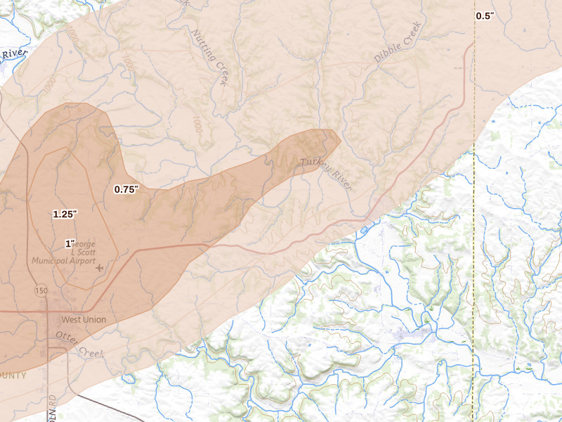 Radar-estimated hail-size map of the storm over Clermont, IA on Apr 17, 2026