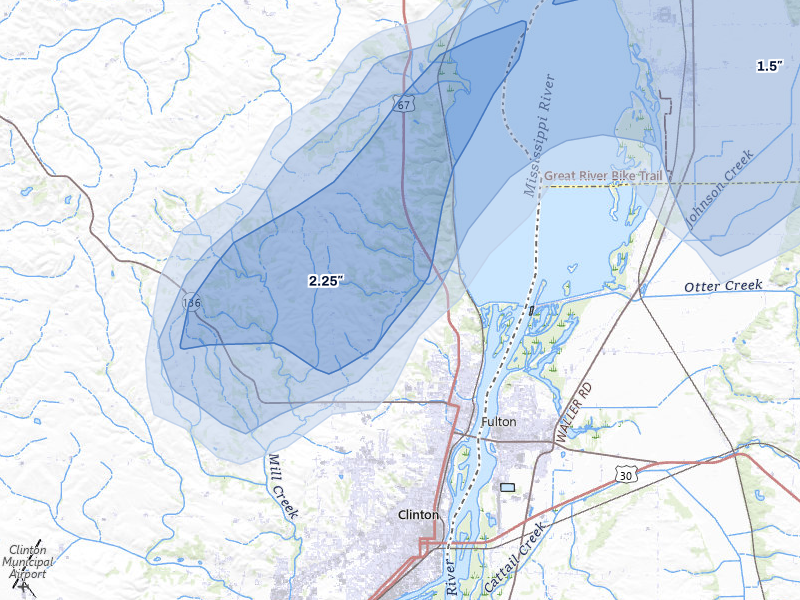 NEXRAD radar-signature map of the hail storm over Clinton, IA on Apr 2, 2026