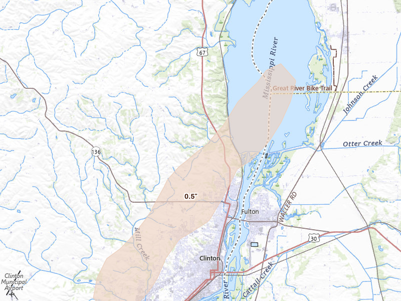 Radar-estimated hail-size map of the storm over Clinton, IA on May 17, 2026