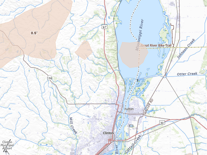 Radar-estimated hail-size map of the storm over Clinton, IA on Jul 3, 2026
