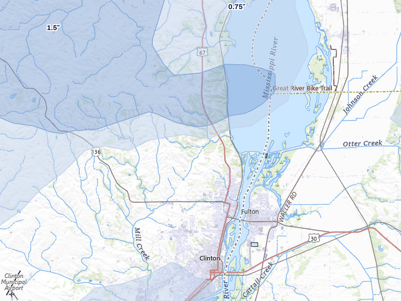 NEXRAD radar-signature map of the hail storm over Clinton, IA on Jul 3, 2026