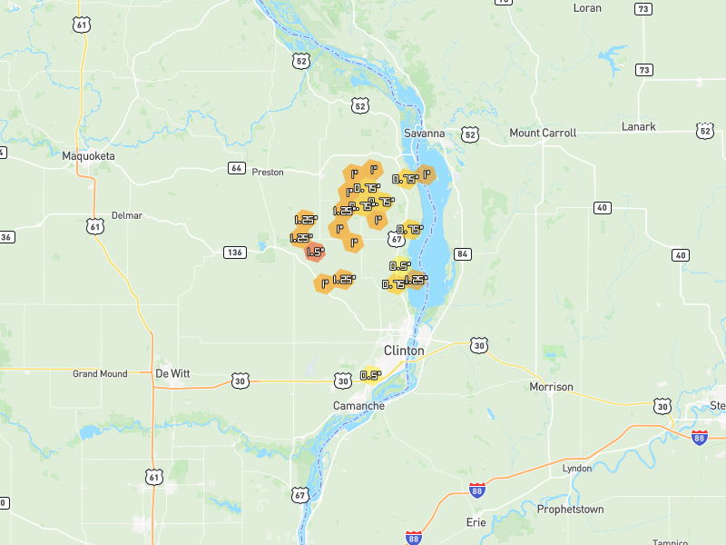 Hail map of Clinton, IA on Jul 3, 2026, hail up to 1.5"