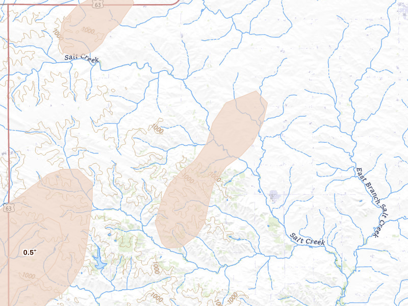 Radar-estimated hail-size map of the storm over Clutier, IA on Jun 10, 2026