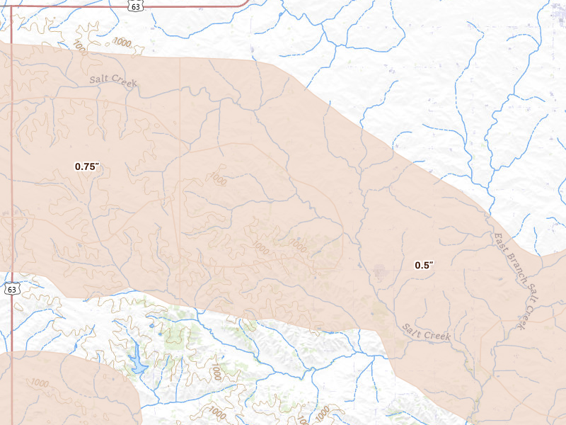 Radar-estimated hail-size map of the storm over Clutier, IA on Aug 11, 2026