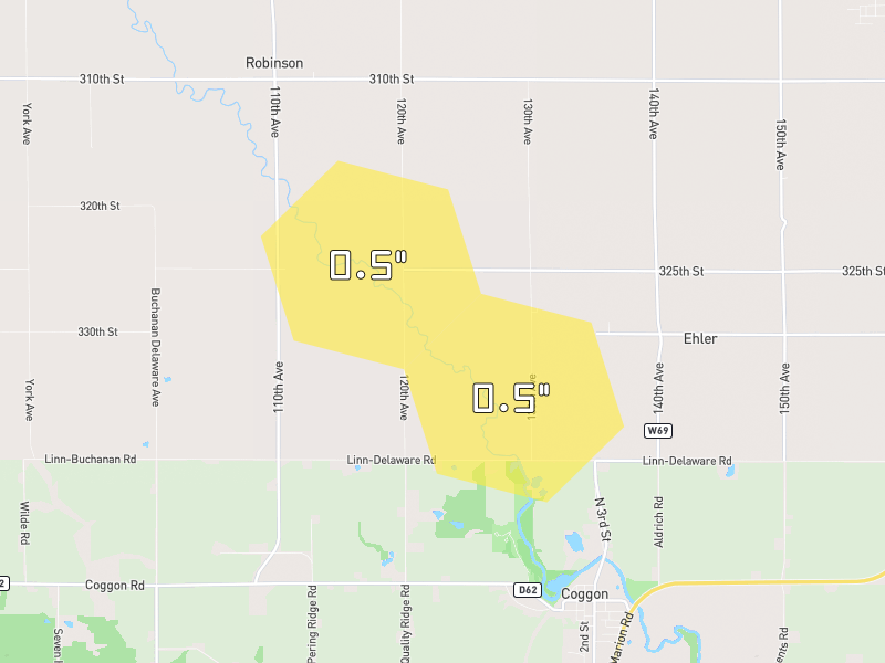 Hail map of Coggon, IA on Jun 28, 2026, hail up to 0.5"