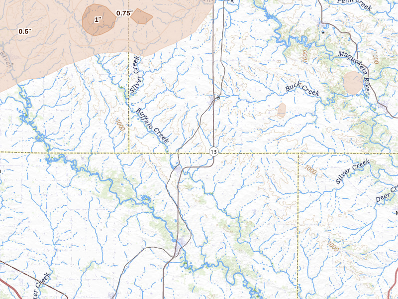 Radar-estimated hail-size map of the storm over Coggon, IA on Jul 2, 2026