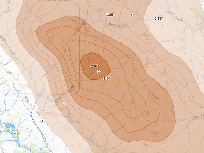 Radar-estimated hail-size map of the storm over Coggon, IA on Aug 7, 2026