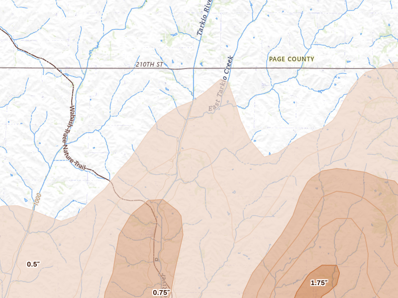 Radar-estimated hail-size map of the storm over Coin, IA on May 18, 2026