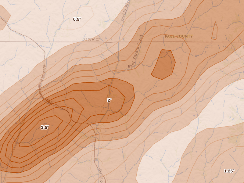 Radar-estimated hail-size map of the storm over Coin, IA on Jun 10, 2026