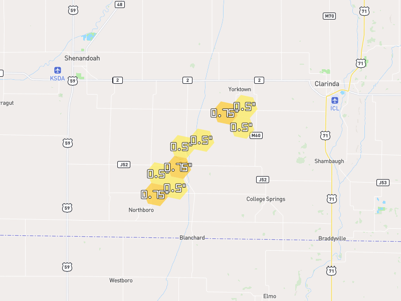 Hail map of Coin, IA on Jul 1, 2026, hail up to 0.75"