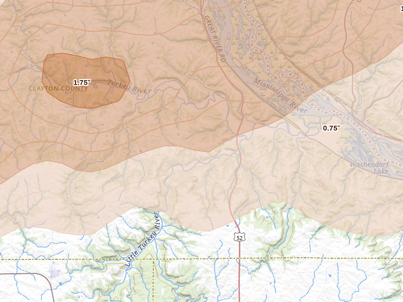 Radar-estimated hail-size map of the storm over Colesburg, IA on Jul 2, 2026