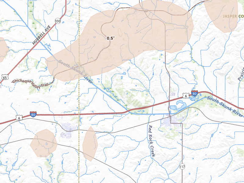 Radar-estimated hail-size map of the storm over Colfax, IA on Mar 30, 2026