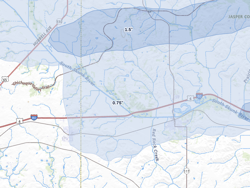 NEXRAD radar-signature map of the hail storm over Colfax, IA on Mar 30, 2026