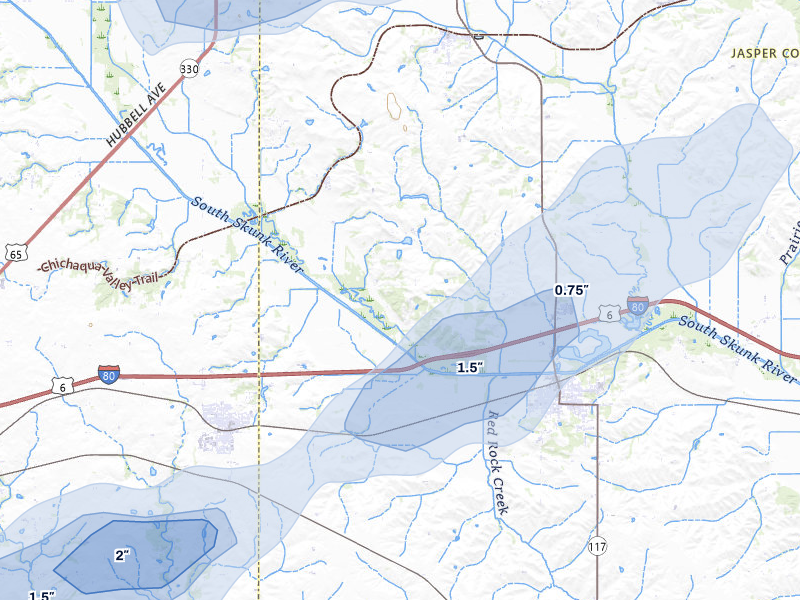 NEXRAD radar-signature map of the hail over Colfax, IA