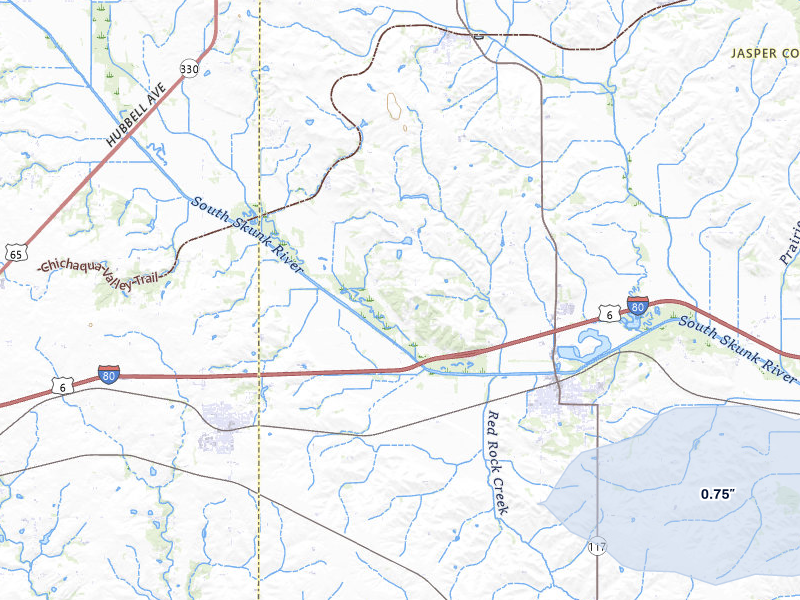 NEXRAD radar-signature map of the hail storm over Colfax, IA on Jun 5, 2026