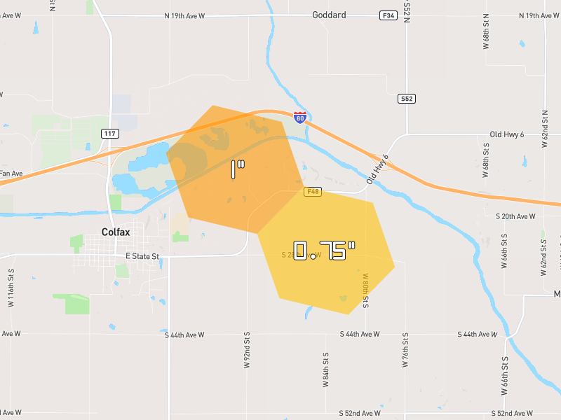 Hail map of Colfax, IA on Jul 3, 2026, hail up to 1"