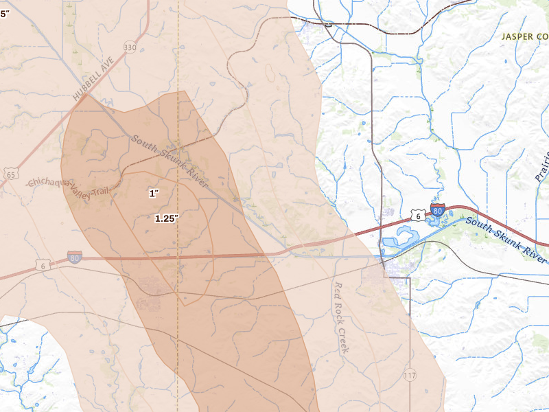Radar-estimated hail-size map of the storm over Colfax, IA on Jul 20, 2026