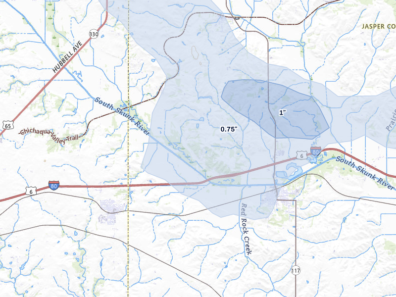NEXRAD radar-signature map of the hail storm over Colfax, IA on Aug 10, 2026