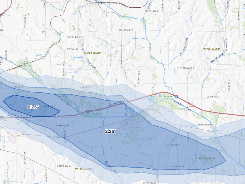 NEXRAD radar-signature map of the hail storm over Colfax, IA on Sep 8, 2026