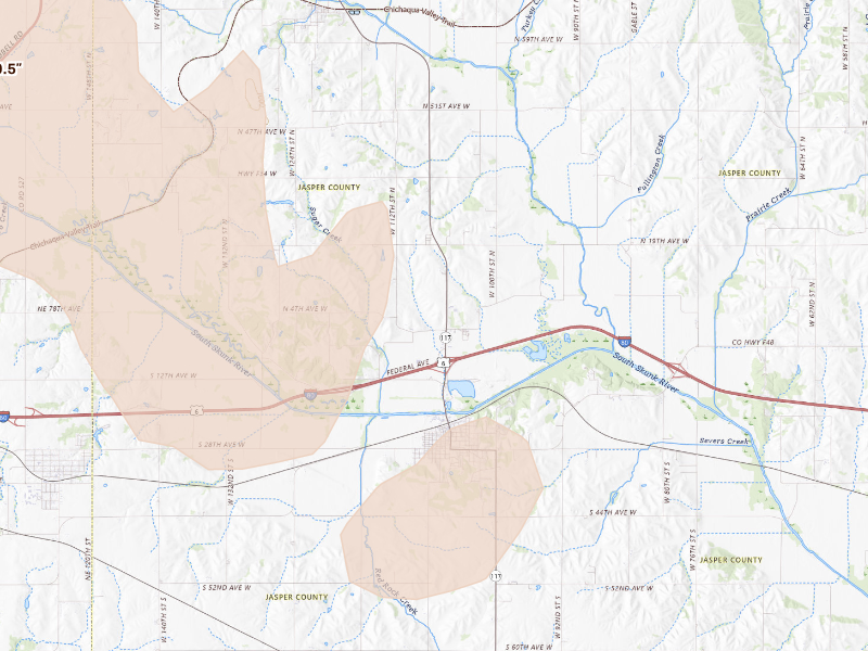 Radar-estimated hail-size map of the storm over Colfax, IA on Oct 8, 2026