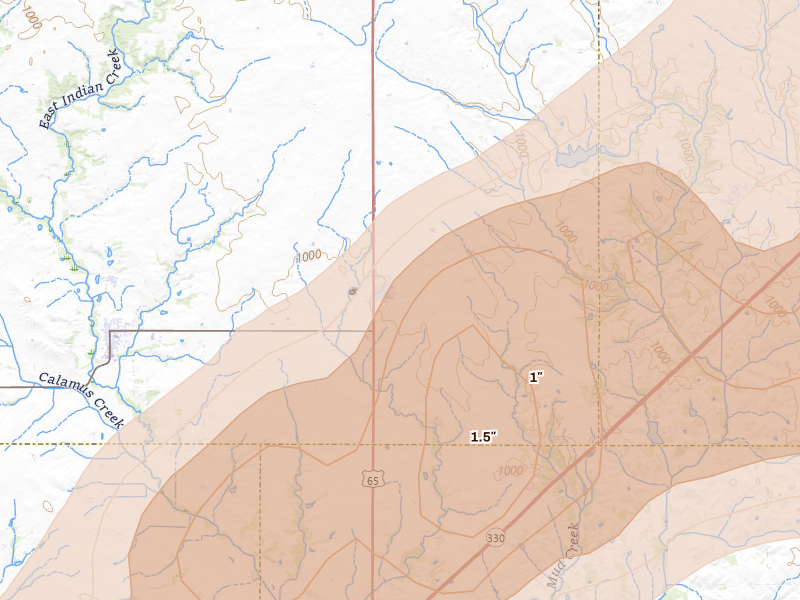 Radar-estimated hail-size map of the storm over Collins, IA on Apr 17, 2026