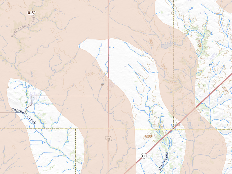 Radar-estimated hail-size map of the storm over Collins, IA on Jun 11, 2026