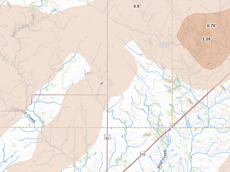 Radar-estimated hail-size map of the storm over Collins, IA on Jul 2, 2026