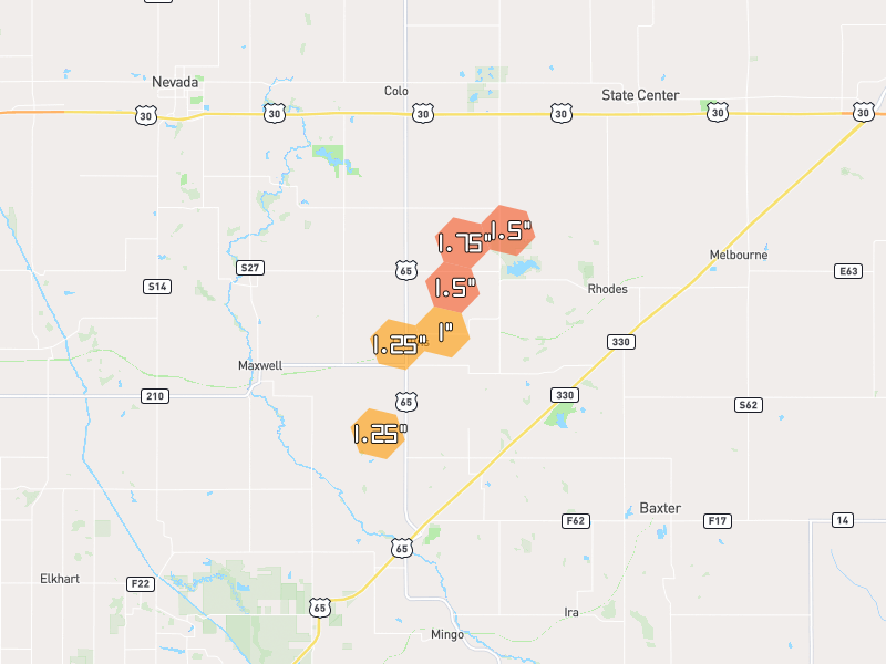Hail map of Collins, IA on Jul 2, 2026, hail up to 1.75"